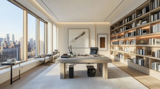 Modern luxury home office with city view, large windows, wooden desk, built-in bookcase, and comfortable seating.
