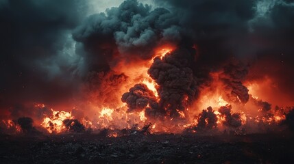 Dark Smoke Clouds with Red Light after a Fiery Scene