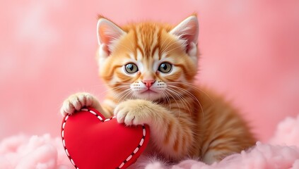 Valentine's Day Love Banner Design with Cute Ginger Kitten and Heart Toy