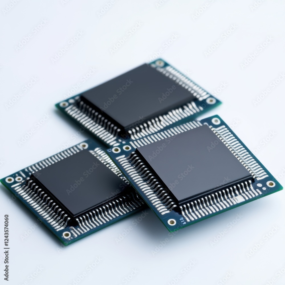 Poster close-up view of three microchips on a light background for technology and electronics concept