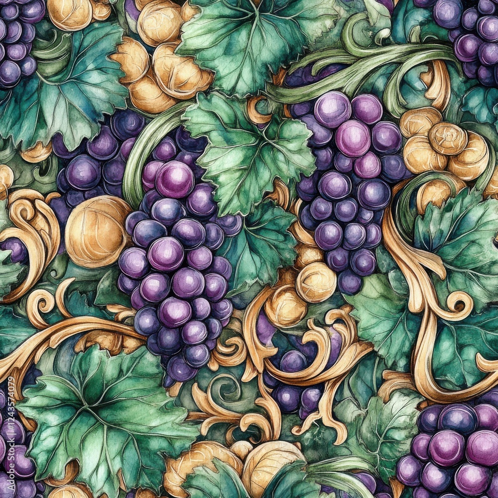 Poster intricate doodle of grape vines with detailed leaves and clusters in various colors showcasing natur