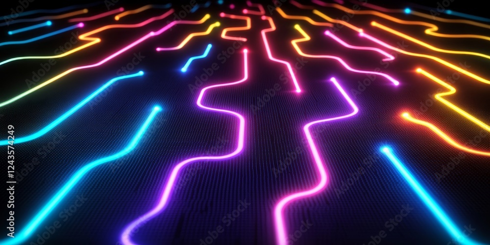 Poster neon circuitry abstract background of glowing lines and geometric shapes, modern technology design