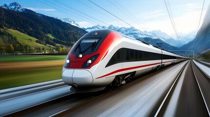 Fototapeta premium A high-speed train gliding through scenic mountains, showcasing modern transport and scenic beauty on a vibrant journey.