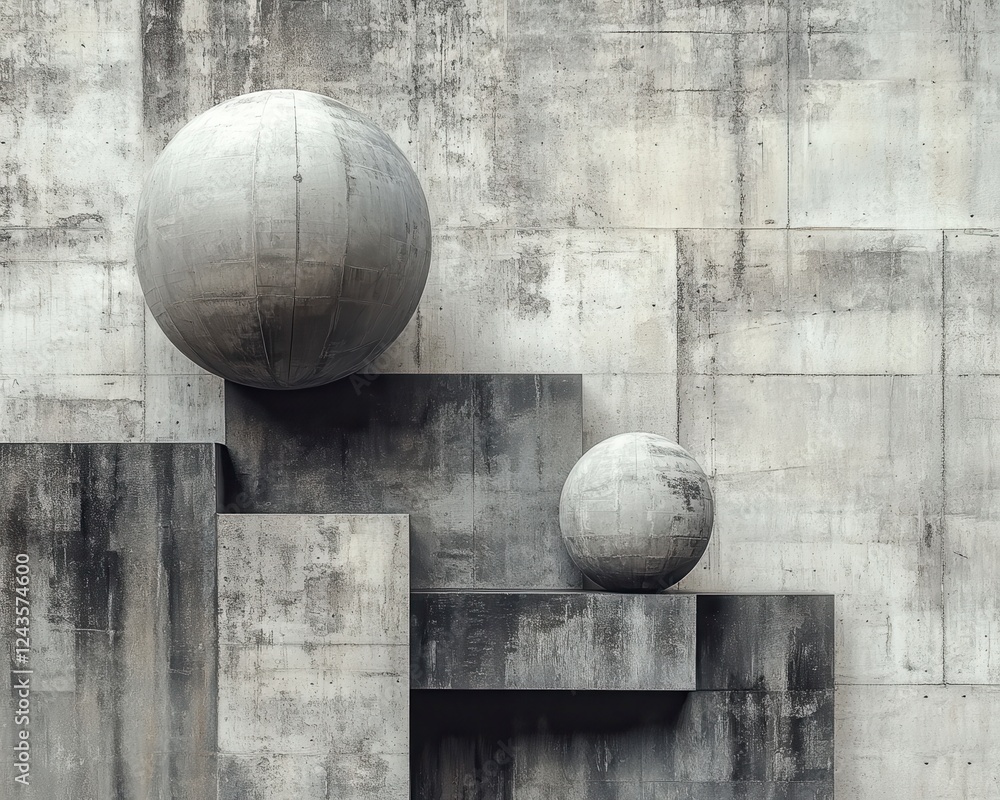 Poster abstract grayscale spheres rest on geometric concrete blocks against a textured background. the imag