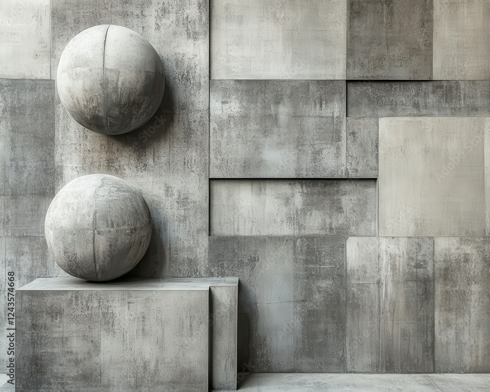 Poster abstract gray concrete texture background with geometric shapes and two spheres. neutral color palet