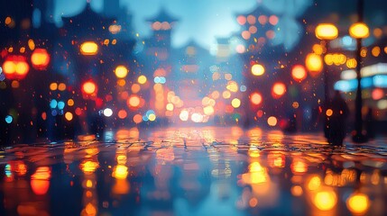 Blurred Lights of an Ancient Chinese City with Bokeh Effects