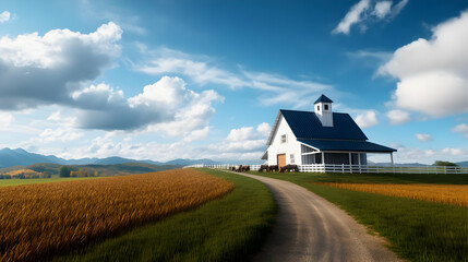 Obraz premium A serene countryside scene featuring a white barn amid vast fields and rolling hills under a sunny sky.