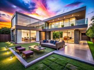 Modern House Backyard Oasis: Relaxing Patio with Artificial Turf & Large Windows