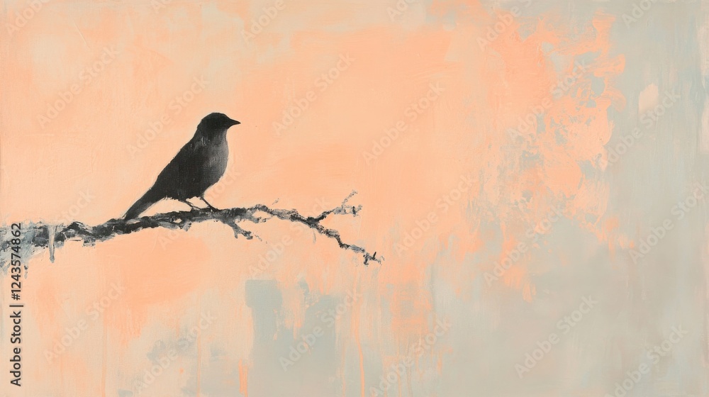 Poster silhouette of a bird perched on a branch against a soft pastel background at dusk