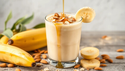 a creamy banana smoothie in a glass topped with crushed almonds and a drizzle of honey