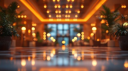 Obraz premium Warm Blurred Hotel Lobby with Bokeh Lights in Soft Focus
