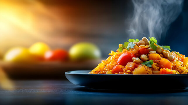 A steaming plate of colorful rice garnished with fresh vegetables and herbs, showcasing vibrant culinary aesthetics.