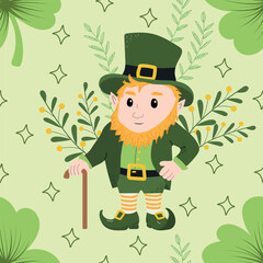 Cute leprechaun in a green suit seamless pattern. A cartoon dwarf with clover. Vector illustration for St. patrick's day