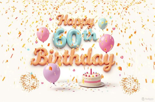 Animated 3D Happy 60th Birthday background video in pastel theme with floating balloons, lit candles, fireworks, and confetti shower