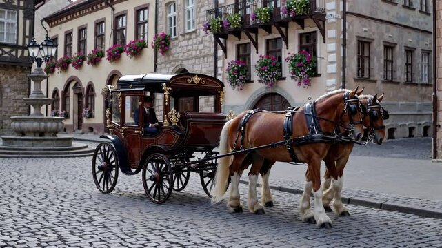 Historic horse carriage navigating cobblestone street, coachman guiding traditional transport through charming European old town landmark