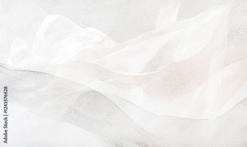Poster delicate abstract composition featuring soft, flowing white layers with subtle shimmering glitter, c