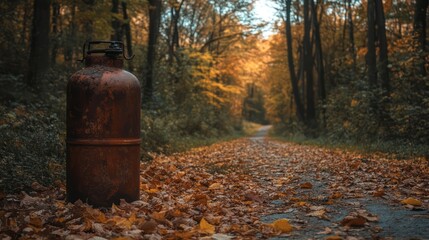 Fototapeta premium Rusty Tank in Autumnal Forest Path