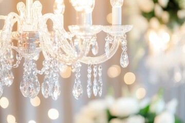 Elegant Crystal Chandelier with Bright Lights and Blurred Background