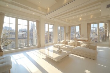 Bright and airy modern living room with large windows showcasing a city view, featuring stylish furniture and decor