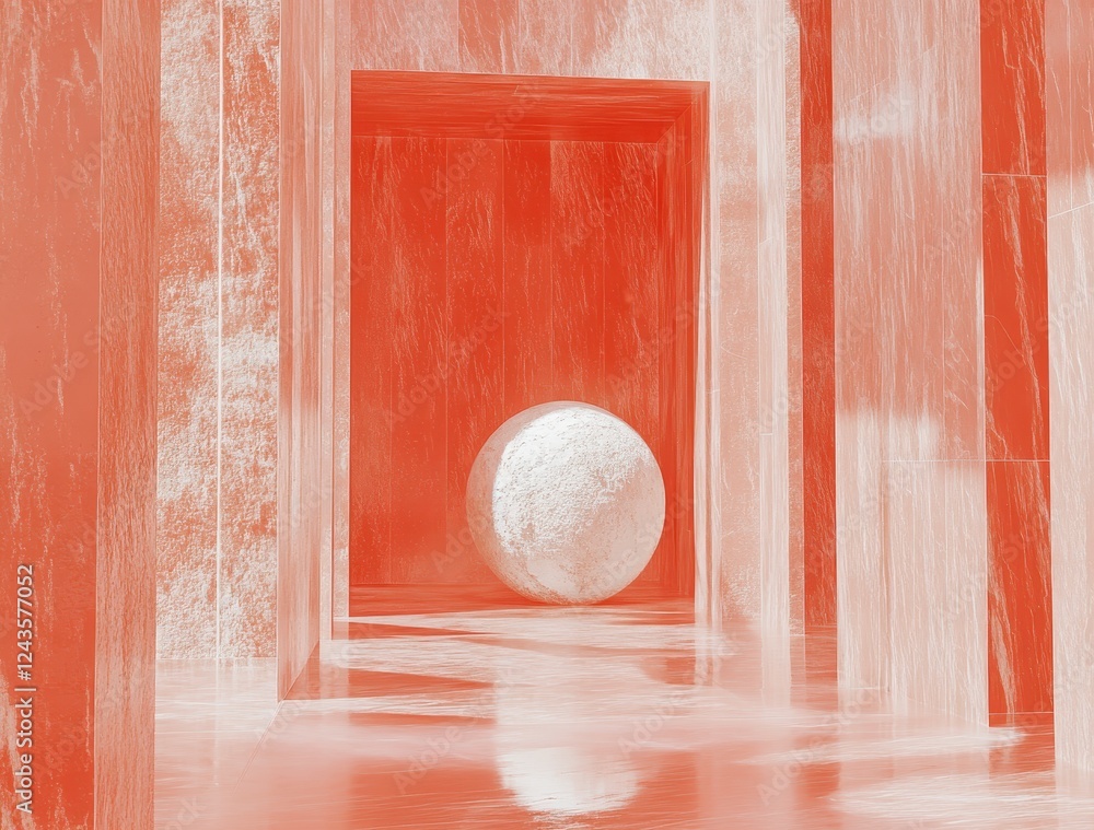 Poster abstract digital art of a white sphere within a red hallway having translucent walls and a reflectiv