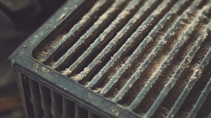 A close-up of a car's air filter covered in fine dust particles, showing pollution impact.