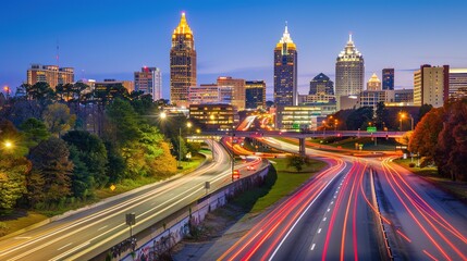 Vibrant night highway with light trails stretching towards the illuminated city skyline. The mesmerizing view of a busy thoroughfare at night, where the streaks of light from vehicles create a beautif