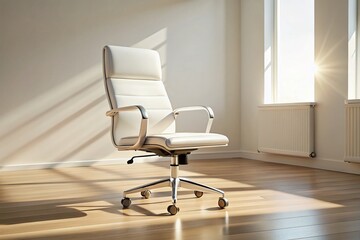 Modern White Office Chair on Wheels, Bright Sunlight, Minimalist Design, Ergonomic Workspace