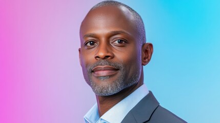 Studio portrait of a smiling businessman with colorful pink and blue background, conveying confidence and professionalism
