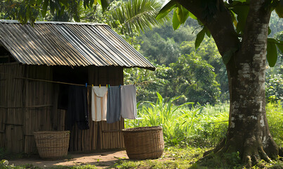 Nostalgic Bamboo Laundry Hut with a Tin Roof, Offering Rustic Charm and Traditional Appeal