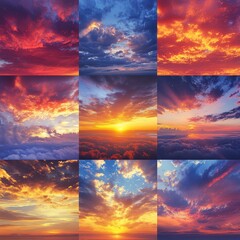 A vibrant collage of twelve diverse sunset images showcasing a range of colors and cloud formations, captured from a high vantage point