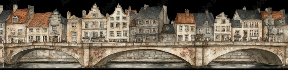 Poster aged stone bridge with many buildings, showcasing rustic architecture and a historical atmosphere. t