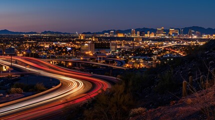 Fototapeta premium Vibrant night highway with light trails stretching towards the illuminated city skyline. The mesmerizing view of a busy thoroughfare at night, where the streaks of light from vehicles create a beautif