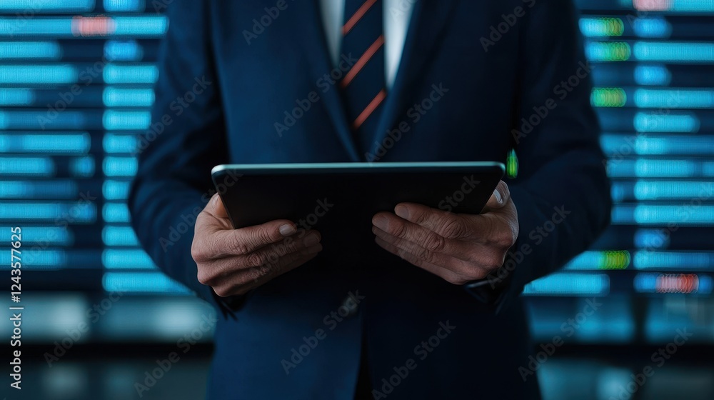 Poster a businessman in a suit holds a tablet, standing before a digital display showcasing various data tr