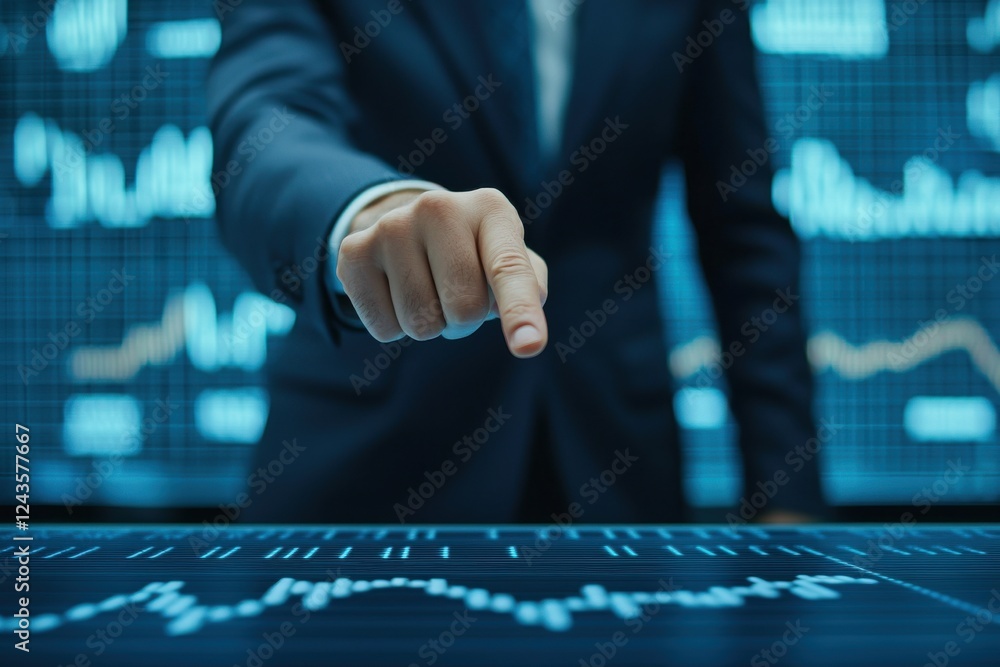 Poster a business professional points at a digital graph, indicating data analysis and trends in a high-tec