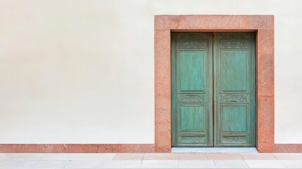 Vintage Green Door with Elegant Frame on Plain Wall Background