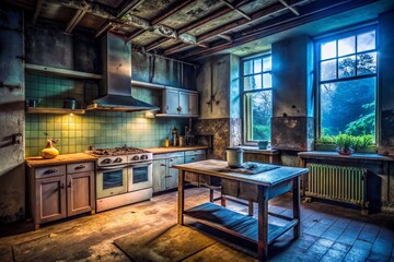 Moody Gray Kitchen Interior: Urban Exploration Photography of Appliances & Table