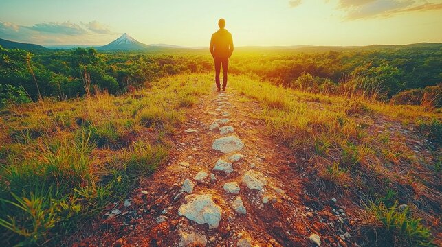A person gazing at a peak from a distance, symbolizing the goal of going up, climbing toward success, and the drive to reach the top in career or personal growth.