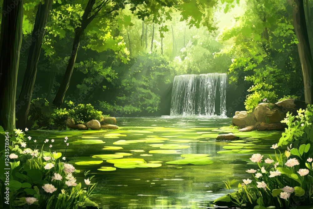 Poster tranquil forest scene with waterfall and lily pads in serene natural setting