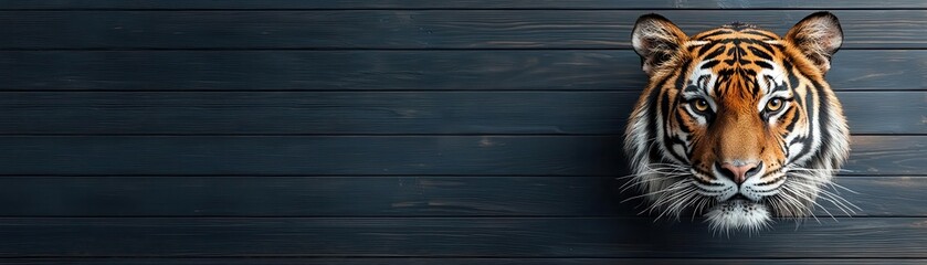 Majestic tiger emerging from water against a dark wooden background.