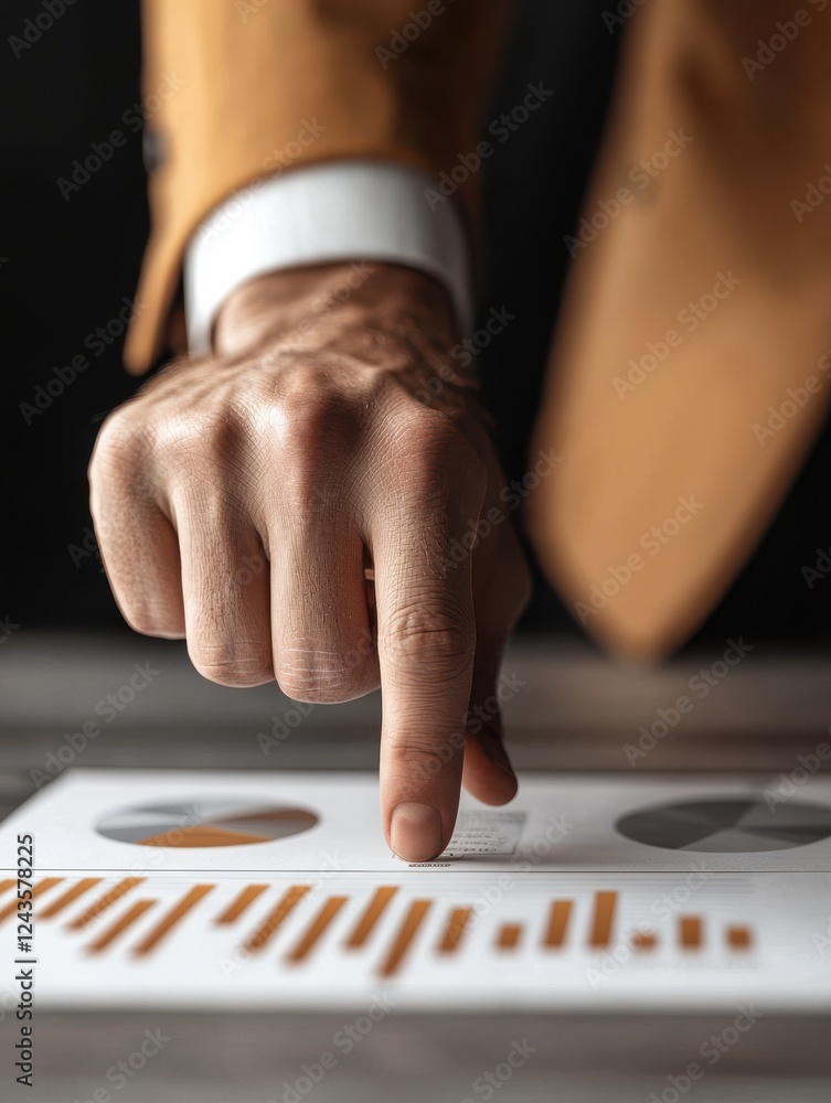 Poster a businessman in a suit points at a graph on paper, highlighting key data insights during a presenta