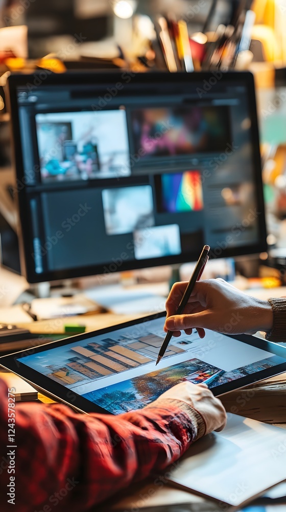Poster a person creating a digital advertisement on a tablet, with graphic design tools open in the backgro