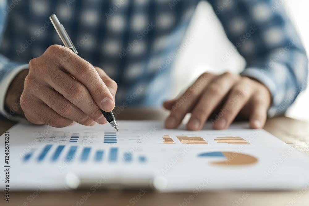 Poster a person analyzing charts and graphs with a pen, focused on data interpretation in a professional se