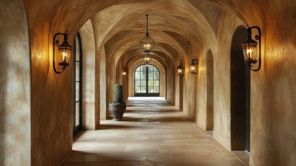 Fototapeta premium Stucco walls and arched ceiling in hallway with rustic design