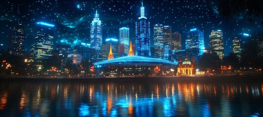 Fototapeta premium Melbourne cityscape, MCG stadium outline, futuristic luminous network, night, Australia
