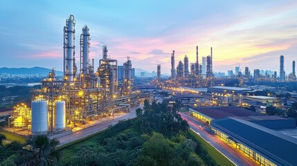 Obraz premium Aerial view of a chemical manufacturing facility with storage tanks, large production units, and complex piping systems. Capturing the extensive industrial landscape.