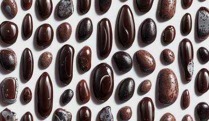 Fototapeta premium Dark chocolate candies of various shapes and sizes arranged on a textured white background. A high key lighting style highlights the glossy surface