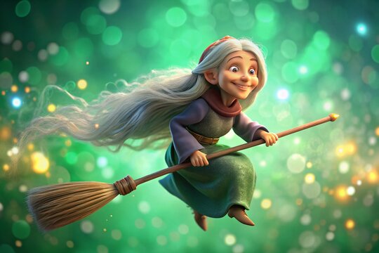 Mystical Old Woman Flying on Broom, Bokeh Background, 4K Resolution, Winter, Fantasy