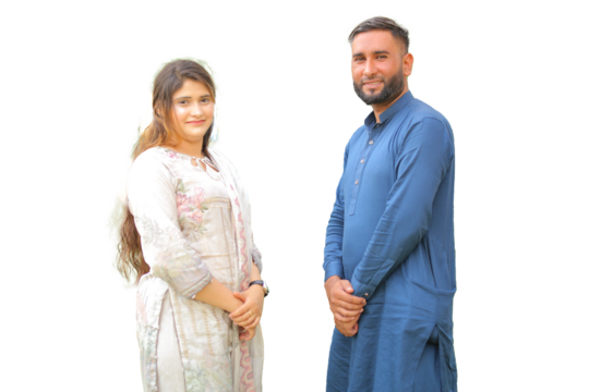 Pakistani Indian Couple Happy Smiling looking at camera isolated on white background