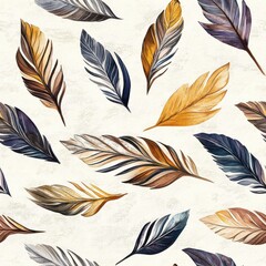 Whimsical watercolor doodles of colorful feathers on a light textured background, showcasing intricate designs and vibrant hues