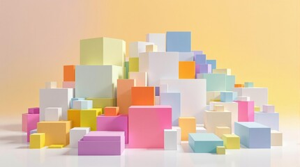 Fototapeta premium White cube boxes in different sizes and colors create a unique and eye-catching visual effect, design inspiration, white cube boxes, geometric patterns